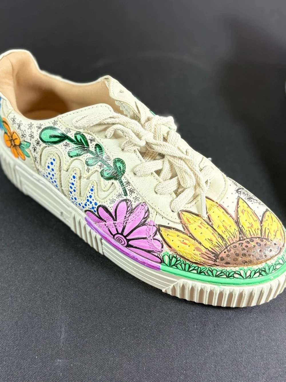 Hand-Painted Floral Platform Sneakers - Cream Canvas with Multicolor Flowers